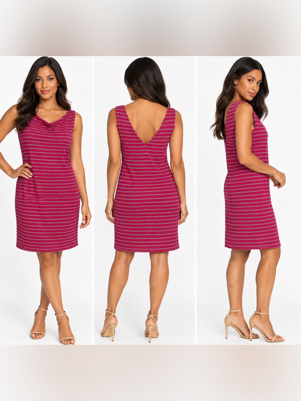 Trina Turk Dress Womens 12 Pink Silver Metallic Stripe Sleeveless Cowl Neck